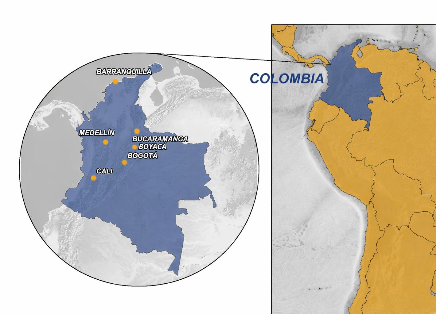 Mapa de Colombia con el proyecto minero